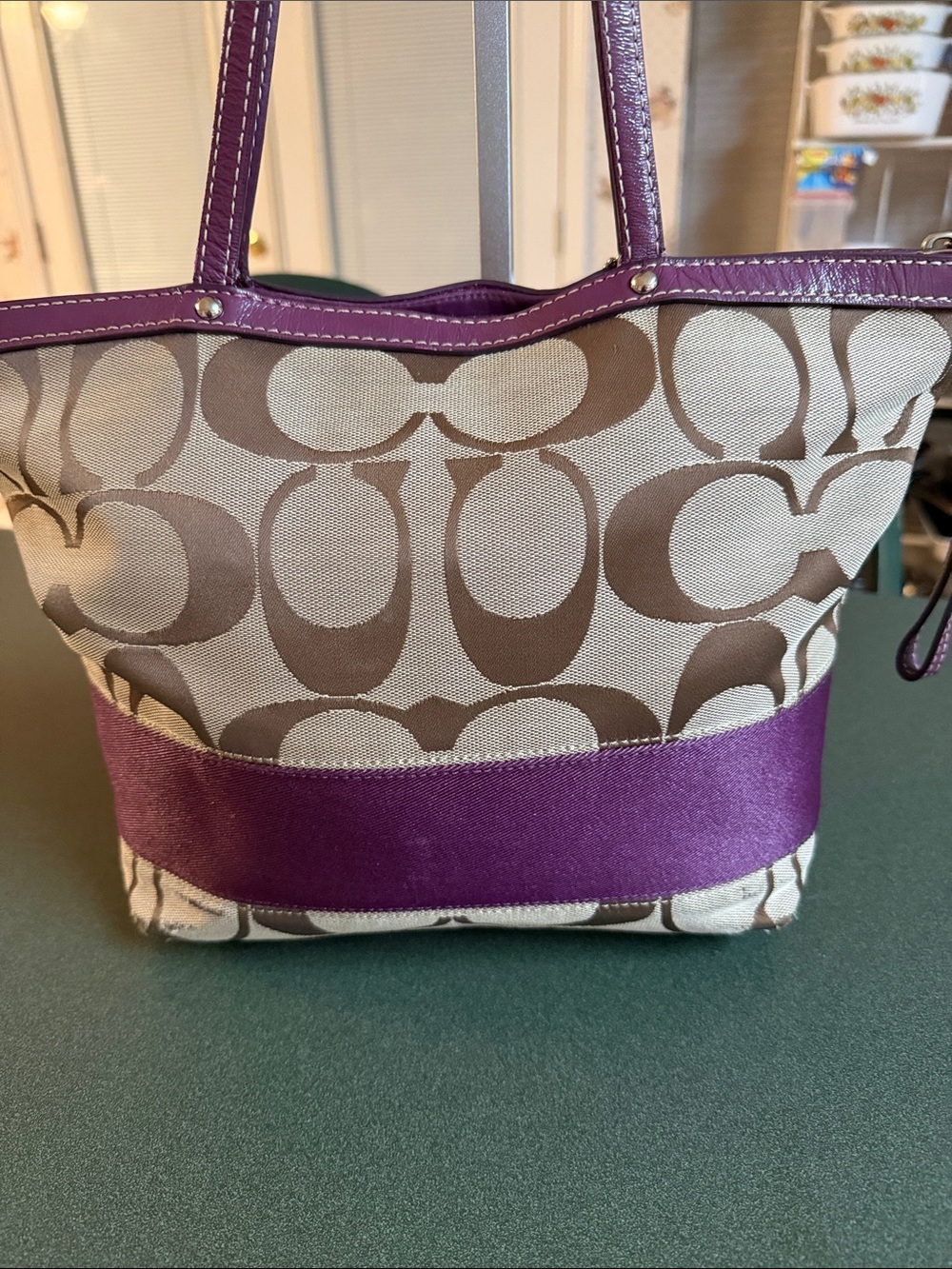 Coach Beige Signature Canvas Tote with Purple Trim - Picture 2 of 12